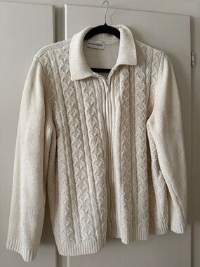 Alfred Dunner Cream Cable Zip-Up Sweater with Spread Collar
